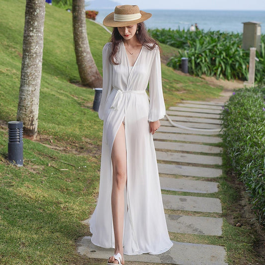 White Chiffon Summer Long Beach Cover Dresses-Dresses-Free Shipping at meselling99