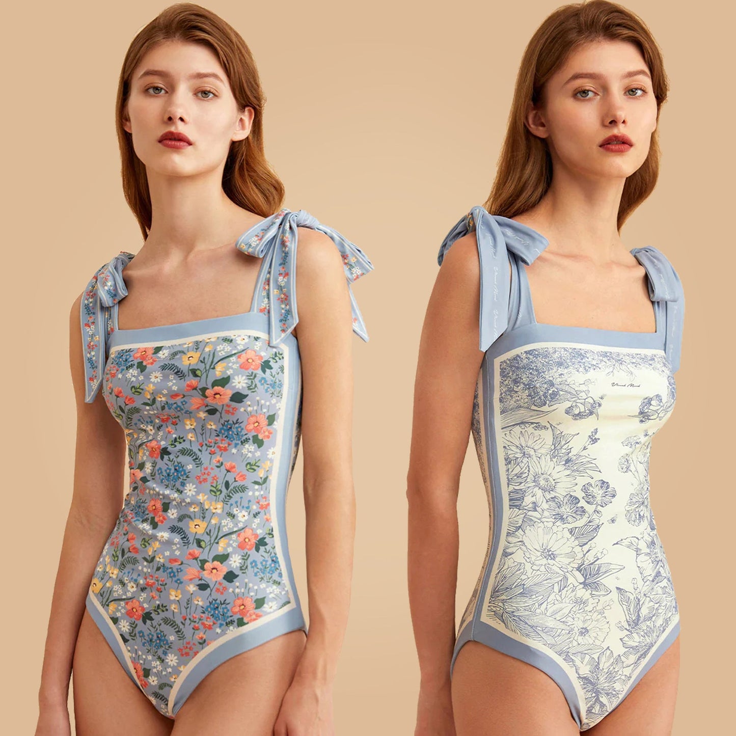 Vintage Strapless Floral Print Women Swimsuits-Swimwear-Blue-S-Free Shipping at meselling99