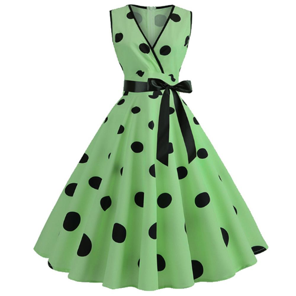 Casaul Sleeveless Dot Print Vintage Dresses-Dresses-Green-S-Free Shipping at meselling99