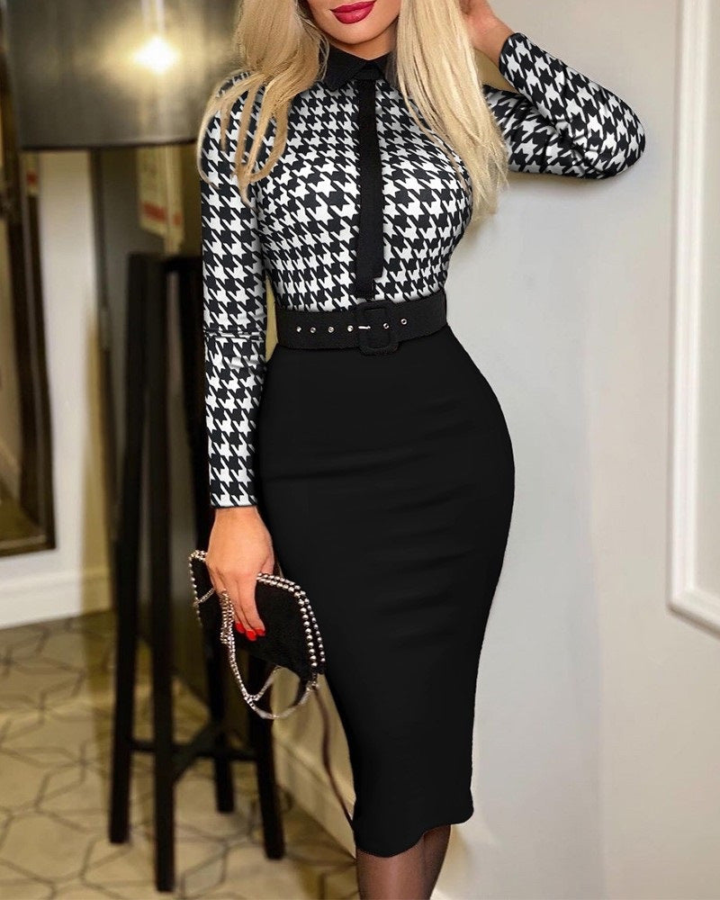 Sexy Long Sleeves Midi Length Dresses with Belt-Dresses-Black-S-Free Shipping at meselling99