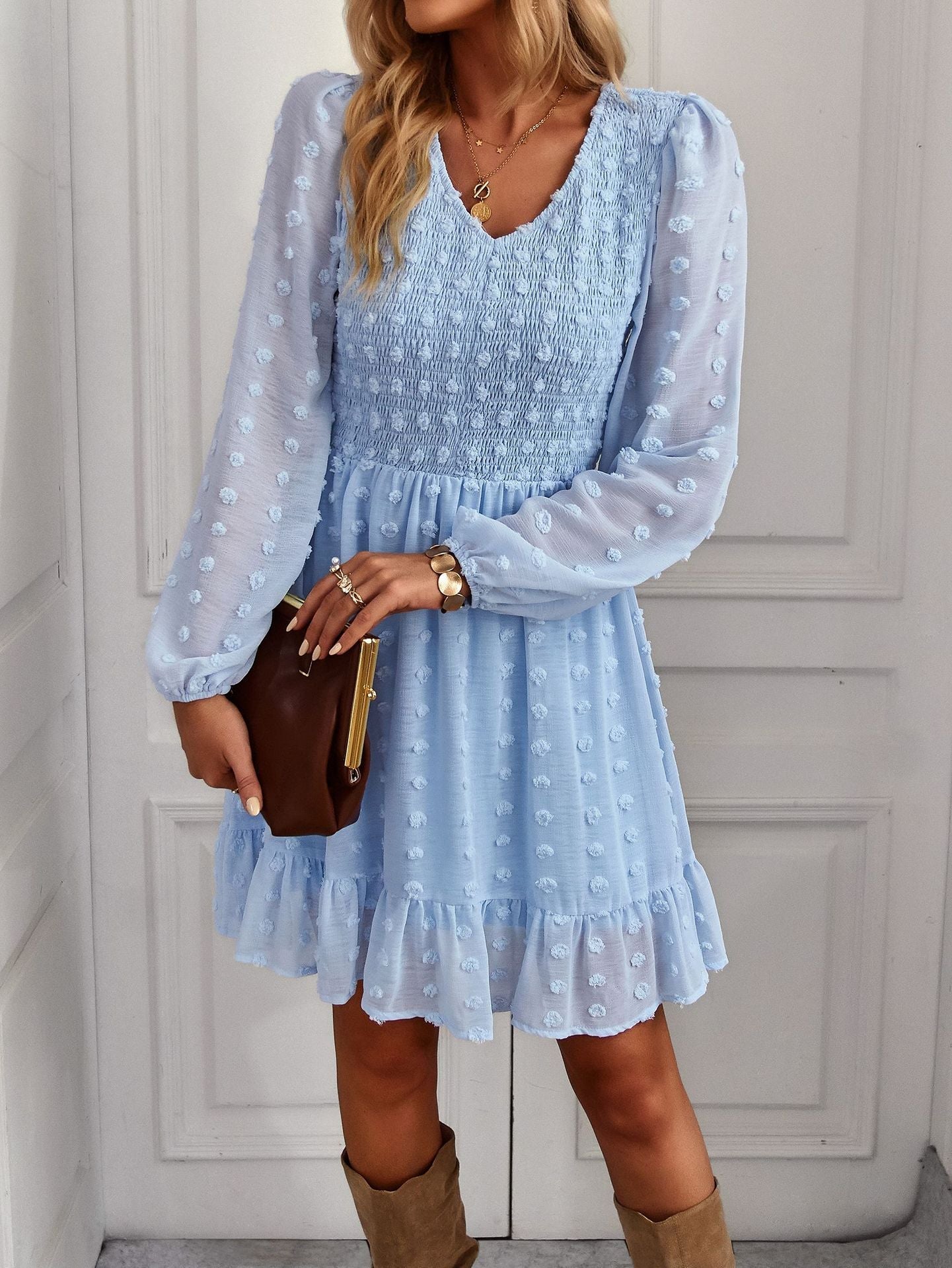 Casual Long Sleeves Short Daily Dresses-Dresses-Blue-S-Free Shipping at meselling99