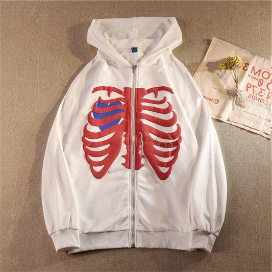 Casual Skeleton Zipper Long Sleeves Overcoats-Outerwear-White-S-Free Shipping at meselling99