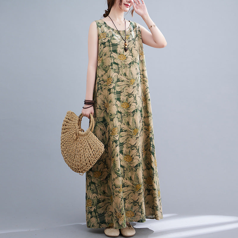 Vintage Linen Sleeveless Vest Women Long Dresses-Dresses-Army Green-M-Free Shipping at meselling99
