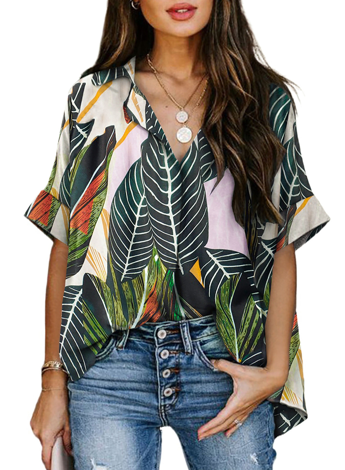 Casual Summer Short Sleeves Shirts for Women-Shirts & Tops-Leaf-S-Free Shipping at meselling99