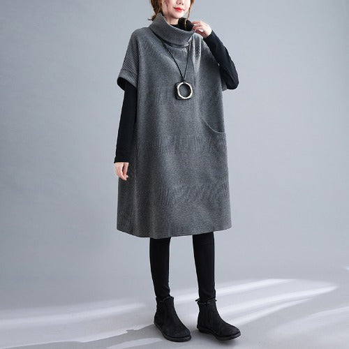 Elegant Turtleneck Plus Sizes Loose Dresses-Dresses-Gray-L-Free Shipping at meselling99