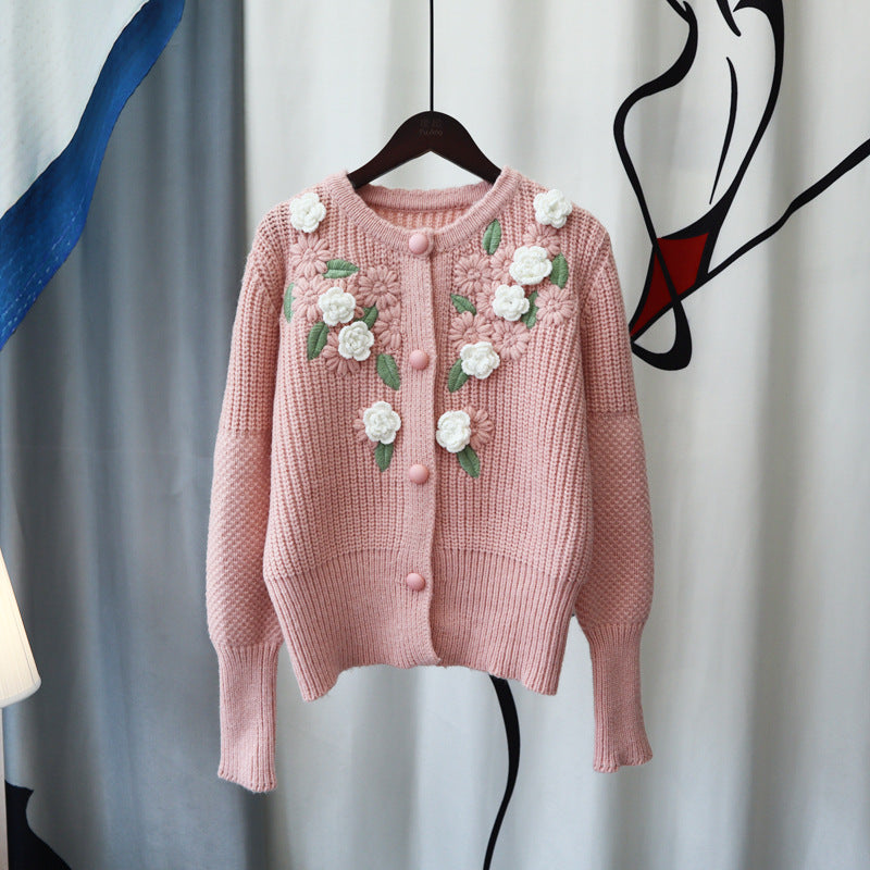 3D Rose Design Sweetly Knitted Overcoats-Shirts & Tops-Pink-One Size-Free Shipping at meselling99