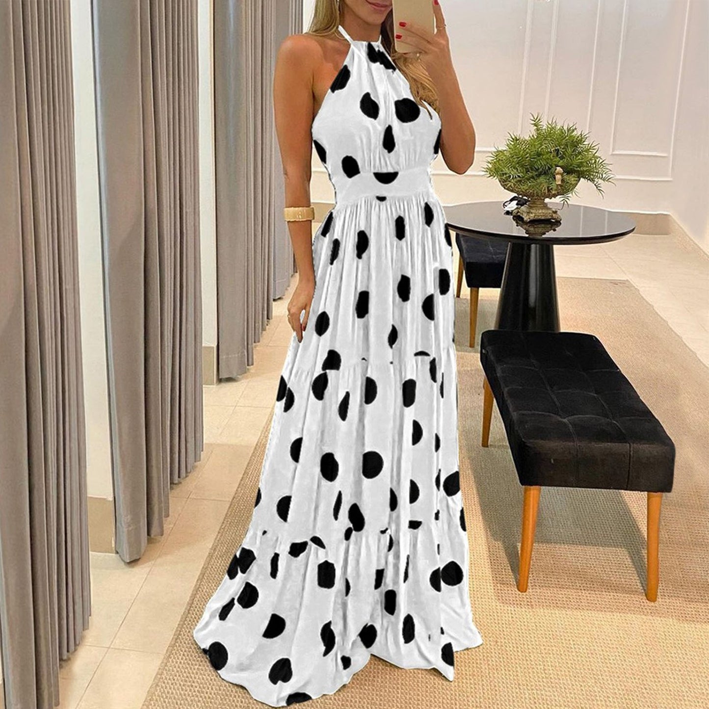 Fashion Floral Print Dot Long Maxi Dresses 1009-Maxi Dresses-White-S-Free Shipping at meselling99