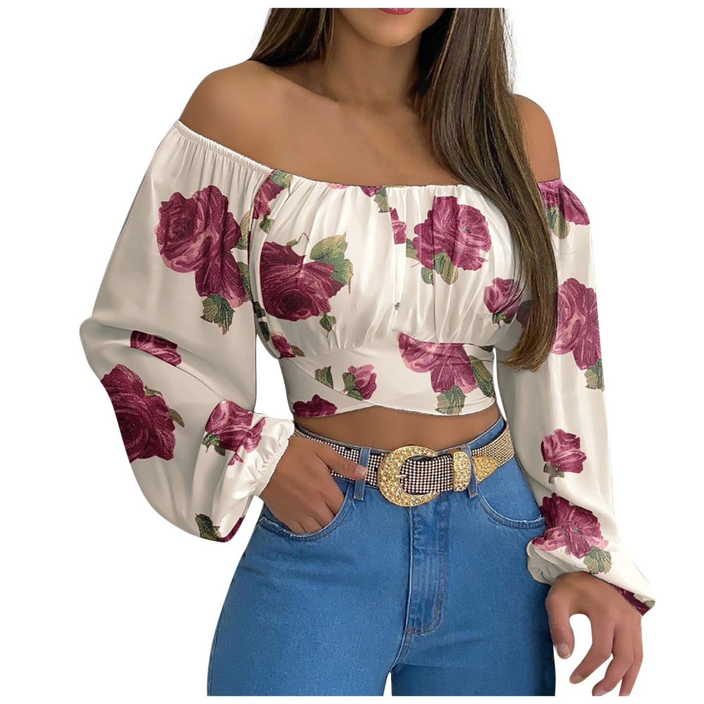 Sexy Off The Shoulder Midriff Baring Summer Short Tops-Shirts & Tops-White Rose-S-Free Shipping at meselling99