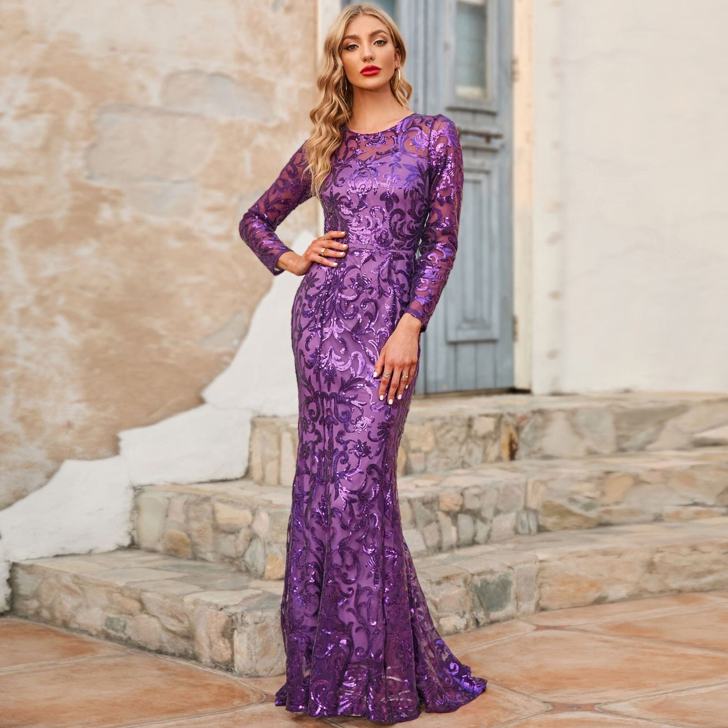 Elegant Round Neck Long Evening Dresses-Dresses-Purple-S-Free Shipping at meselling99