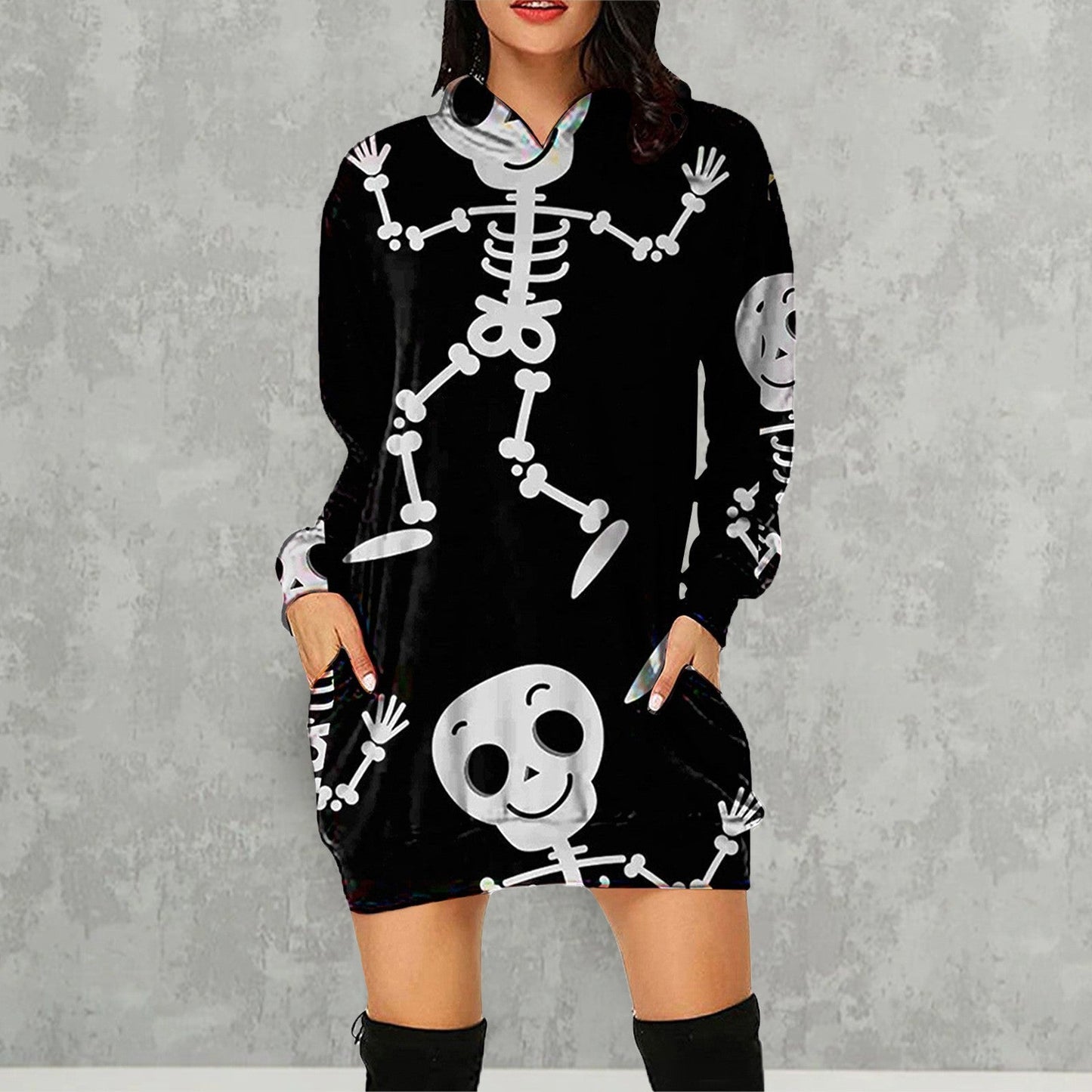 Halloween Pumpkin Design Long Sleeves Hoodies for Women-Black Human Skeleton-S-Free Shipping at meselling99