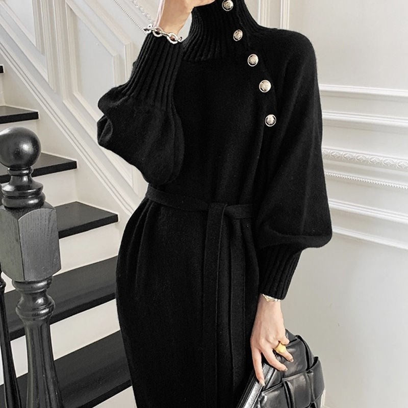 Loose Turtleneck Lace Up Knitted Winter Long Dresses-Dresses-Black-One Size-Free Shipping at meselling99