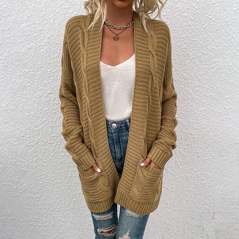 Fashion Twist Design Knitted Long Cardigan Sweaters-Shirts & Tops-Khaki-S-Free Shipping at meselling99