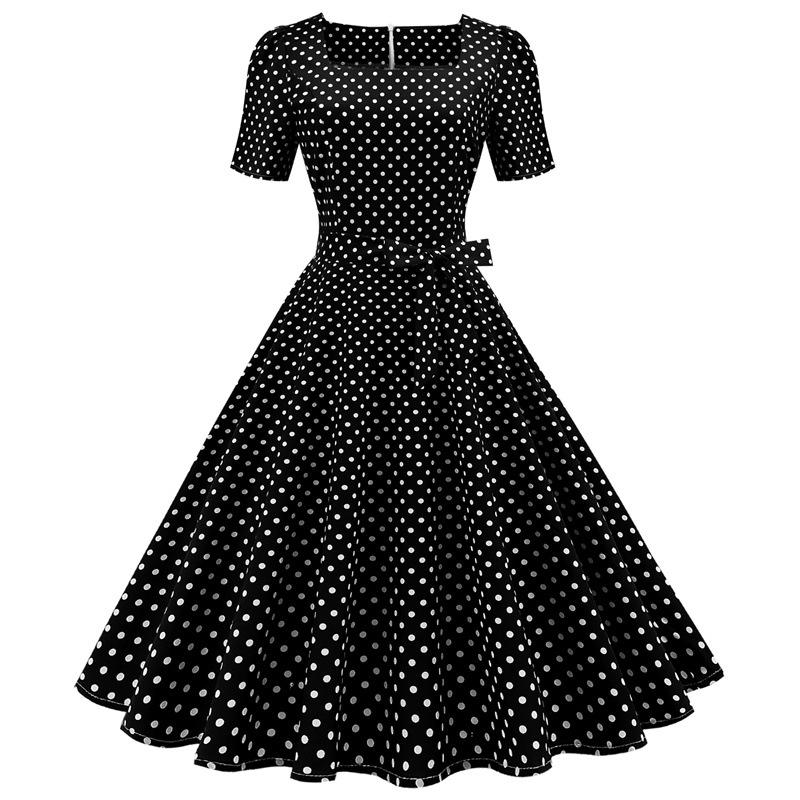 Short Sleeve Square Neckline Vintage Print Dot Dresses-Vintage Dresses-5-S-Free Shipping at meselling99