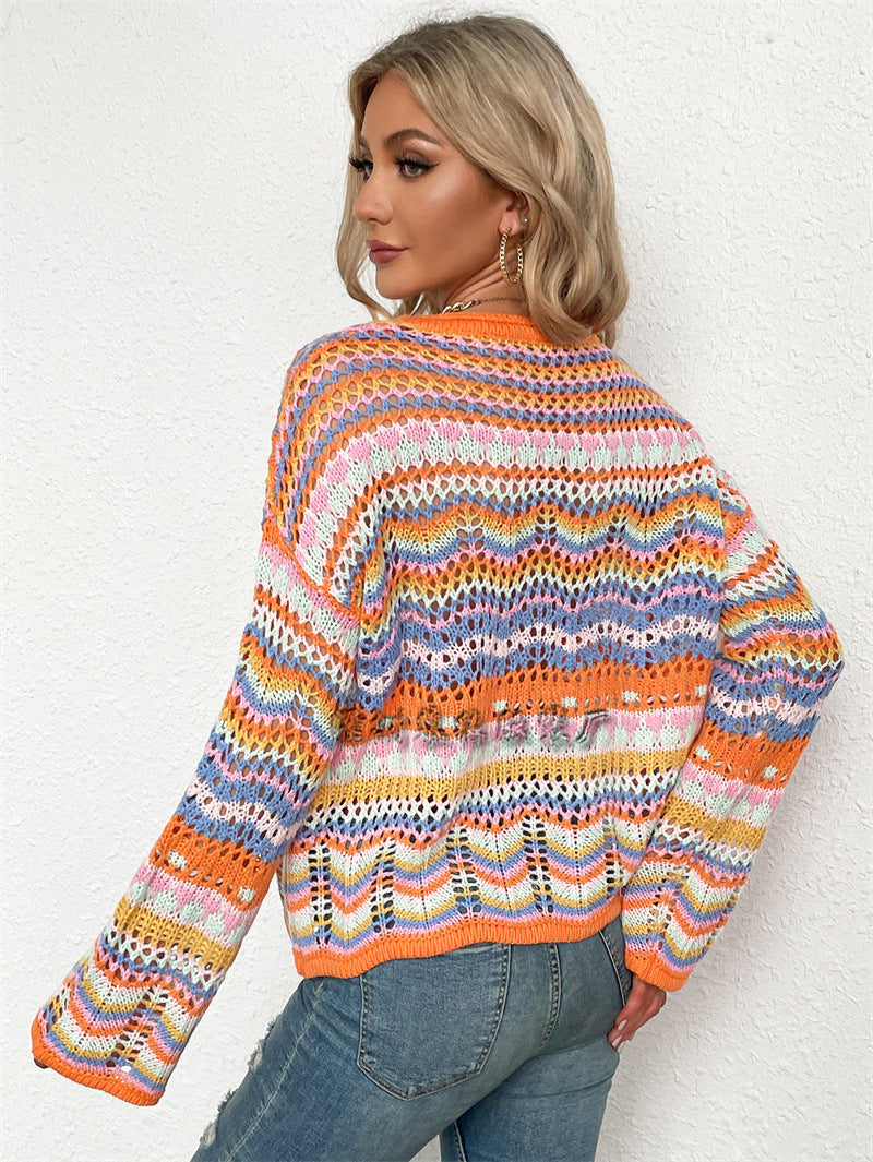 Women Knitting Rainbow Fall Sweaters-Sweaters-Free Shipping at meselling99