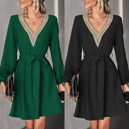 Fashion V Neck Long Sleeves Mini Dresses-Dresses-Free Shipping at meselling99