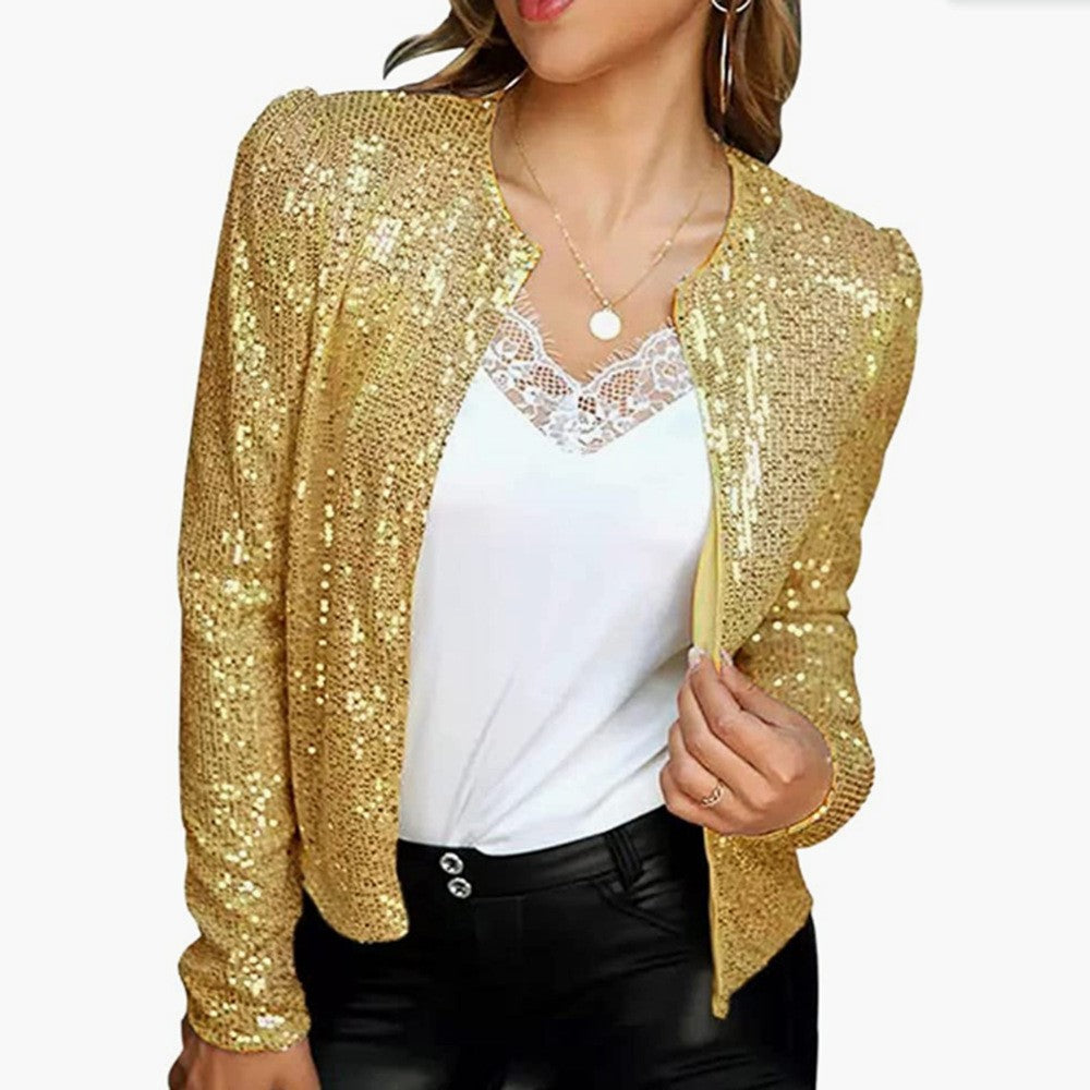Fashion Stand Collar Sequined Short Coats for Women-Coats & Jackets-Dark Gold-S-Free Shipping at meselling99
