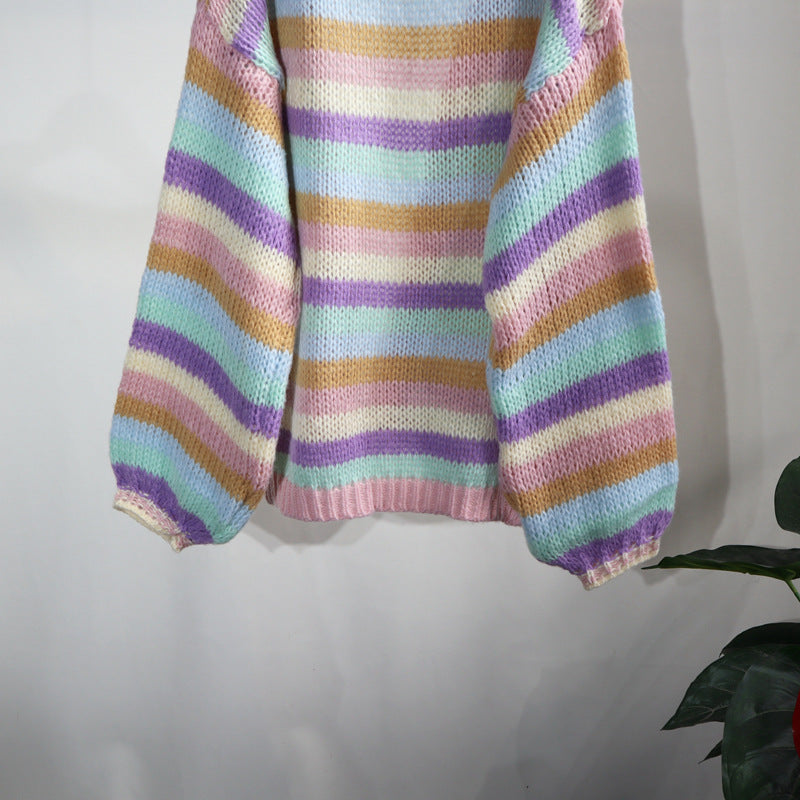 Colorful Striped Women Knitted Cardigan Outerwear-Shirts & Tops-Pink-One Size-Free Shipping at meselling99