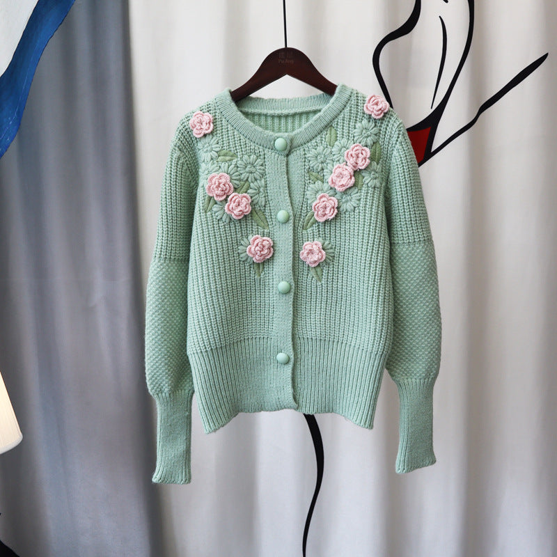 3D Rose Design Sweetly Knitted Overcoats-Shirts & Tops-Green-One Size-Free Shipping at meselling99