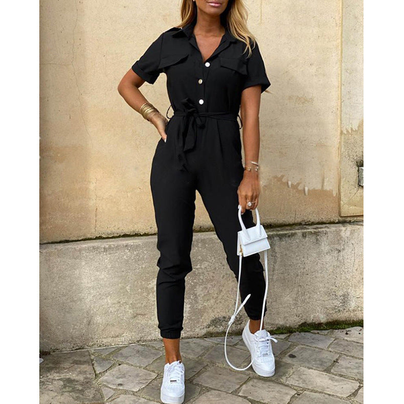 Summer Turnover Collar Leisure Jumpsuits-Black-S-Free Shipping at meselling99