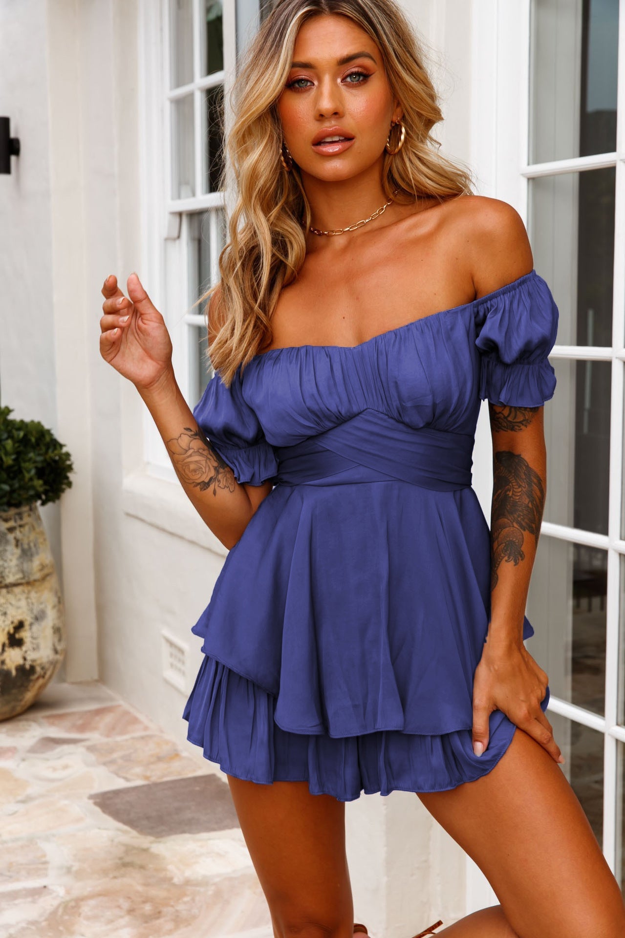 Sexy Off The Shoulder Bandage Short Jumpsuits-Dresses-Purple-S-Free Shipping at meselling99