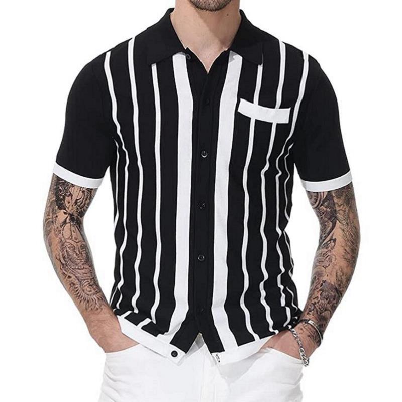White&black Striped Business Polo T Shirts for Men-Shirts & Tops-Black-S-Free Shipping at meselling99