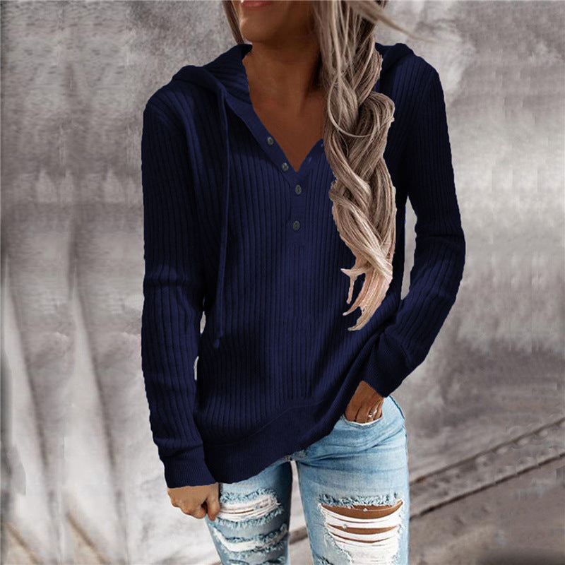 Women Casual Knitted V Neck Hoodies Sweaters-Shirts & Tops-Navy Blue-S-Free Shipping at meselling99