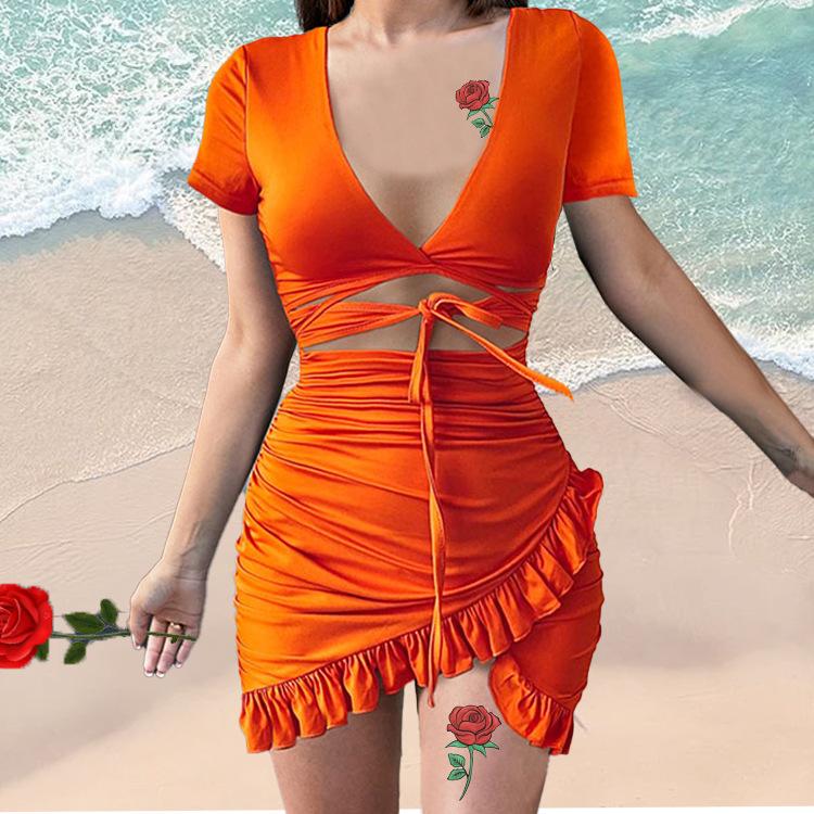 Sexy Women Summer V-neck Irregular Tight Mini Dresses-Sexy Dresses-Orange-L-Free Shipping at meselling99