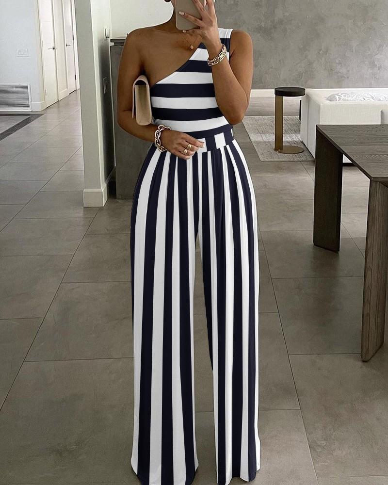 Hot Selling Simple One Shoulder Cozy Jumpsuits-Blue Striped-S-Free Shipping at meselling99