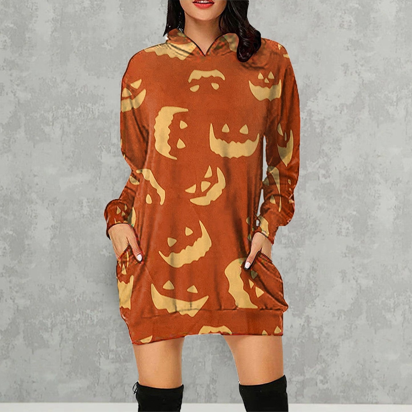 Halloween Pumpkin Design Long Sleeves Hoodies for Women-Orange Grimace-S-Free Shipping at meselling99