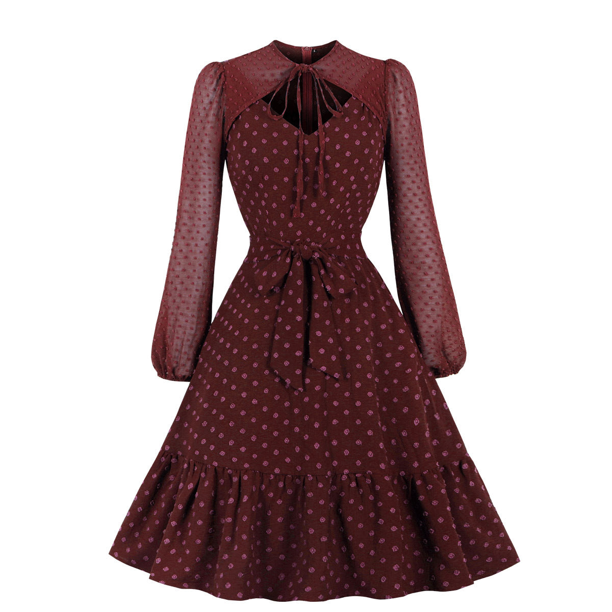 Elegant Tulle Ruffled Long Sleeves Dresses-Dresses-Wine Red-S-Free Shipping at meselling99