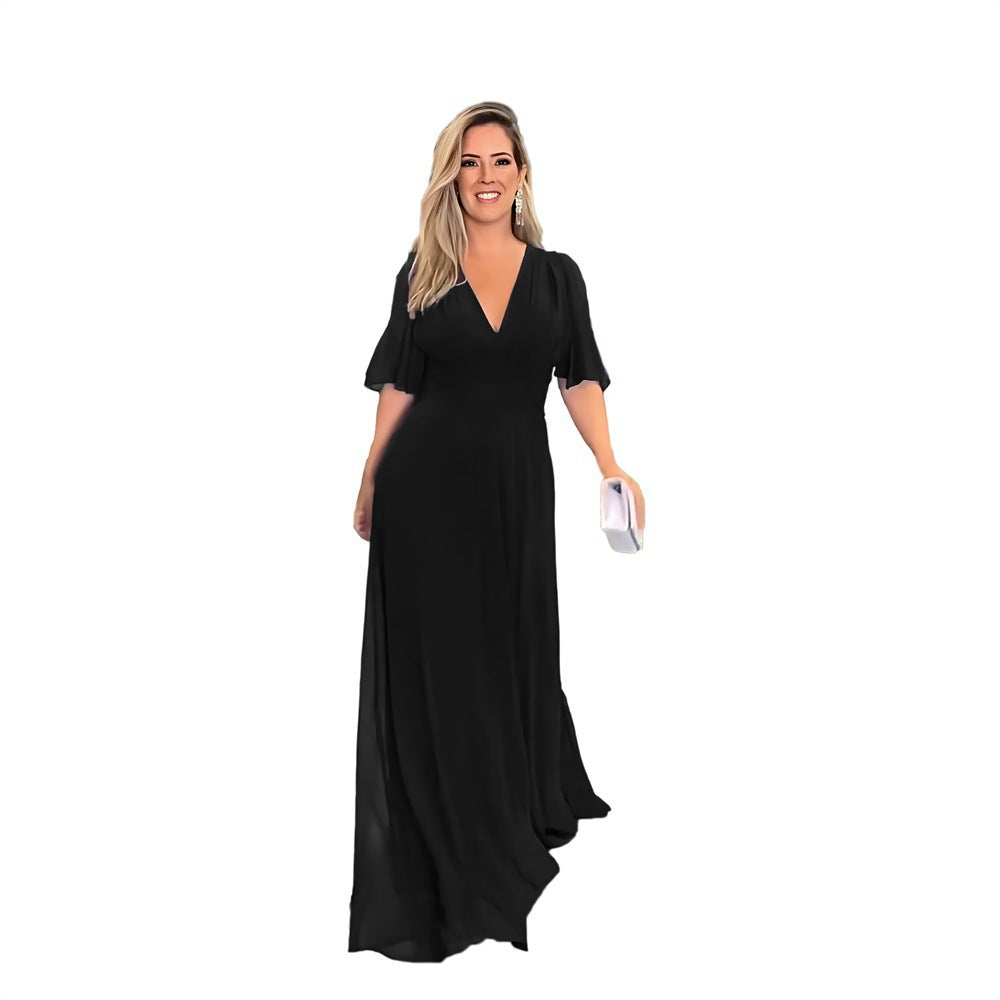Fashion Chiffon V Neck Long Maxi Dresses-Dresses-Black-S-Free Shipping at meselling99