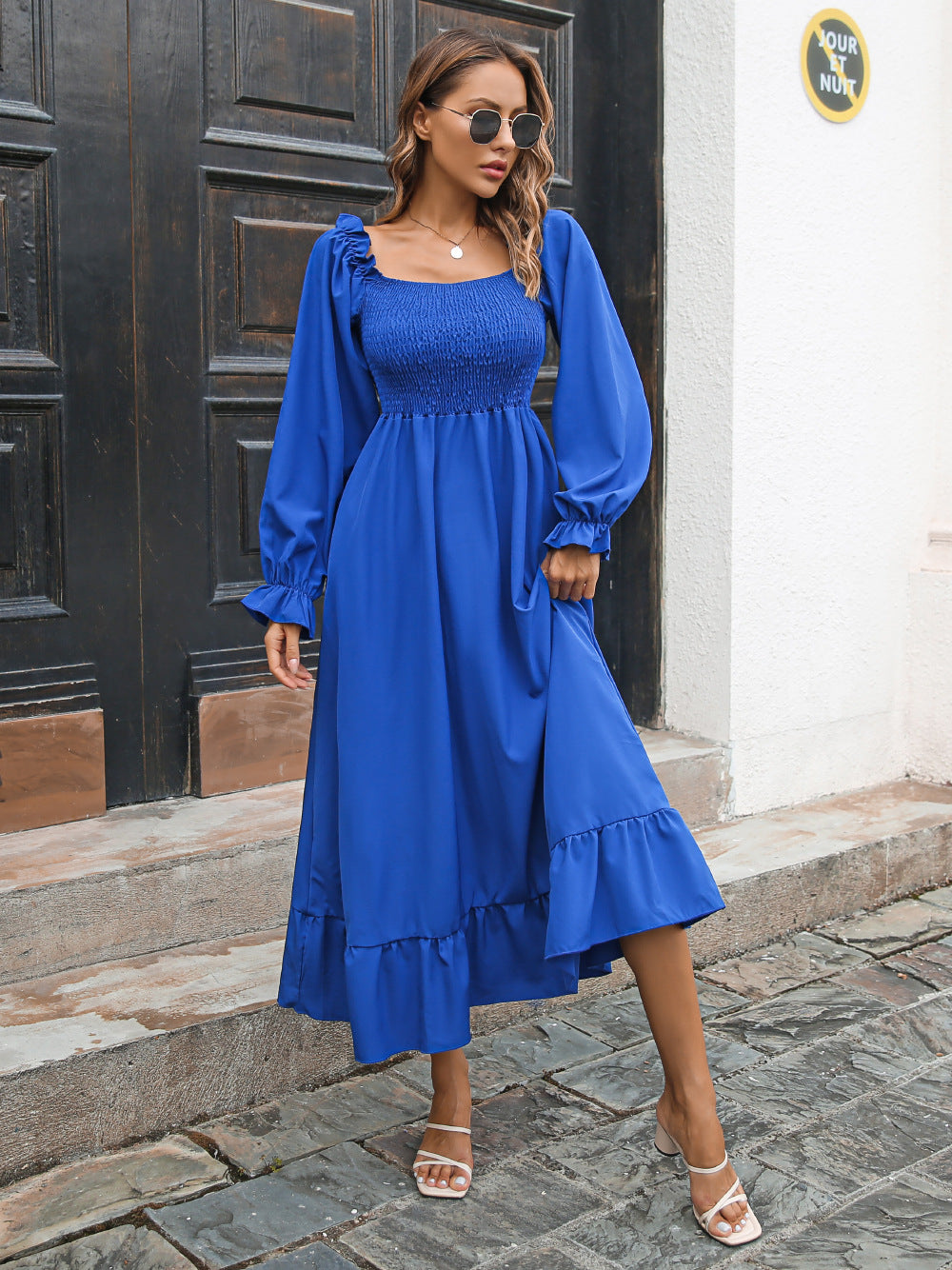 Casual Ruffled Long Sleeves Fall Dresses-Dresses-Blue-S-Free Shipping at meselling99