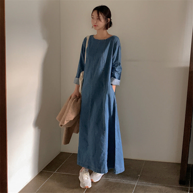 Casual Simple Design Denim Long Cozy Dresses-Dresses-Free Shipping at meselling99