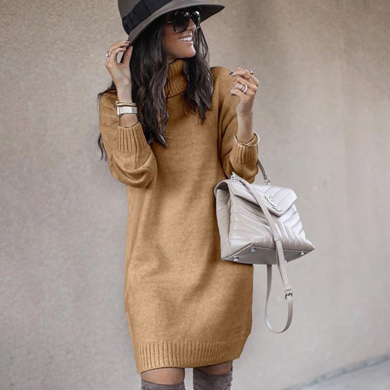 Fashion Turtleneck Knitting Long Sweaters-Mini Dresses-Khaki-S-Free Shipping at meselling99