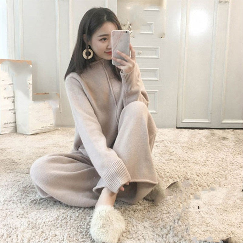 Casual Turnover Collar Two Pieces Knitted Suits for Women-Suits-Apricot-S-Free Shipping at meselling99