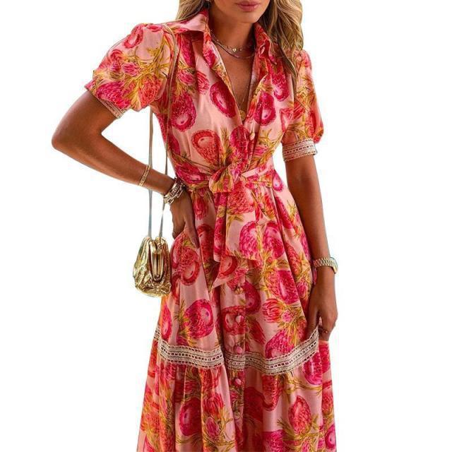 Red Bohemia Short Sleeves Floral Print Long Maxi Dresses-Maxi Dresses-The same as picture-S-Free Shipping at meselling99