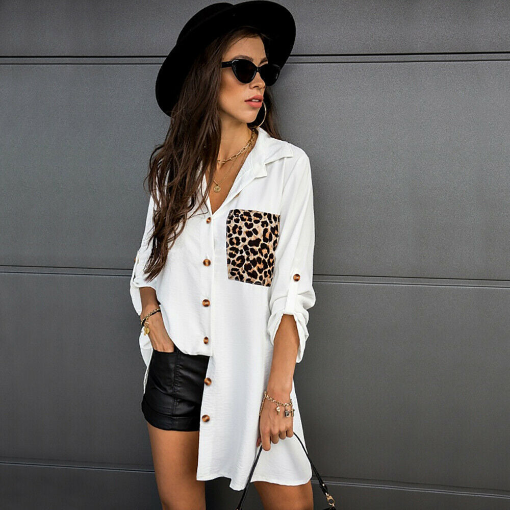 Casual Leopard Long Sleeves Women Shirts-Shirts & Tops-White-S-Free Shipping at meselling99