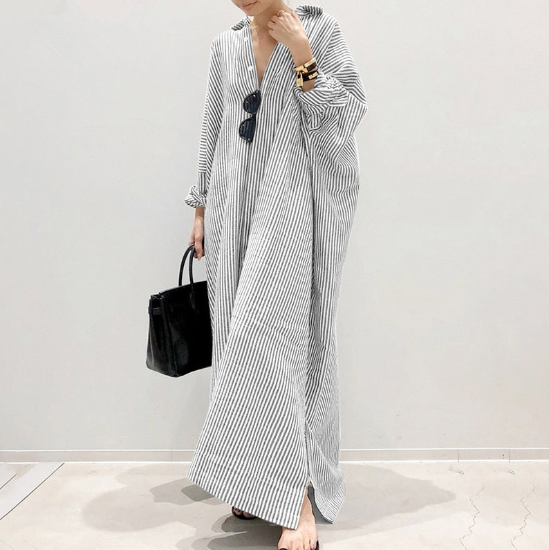 Casual Striped Plus Sizes Irregular Women Long Cozy Dresses-Dresses-Gray-S-Free Shipping at meselling99