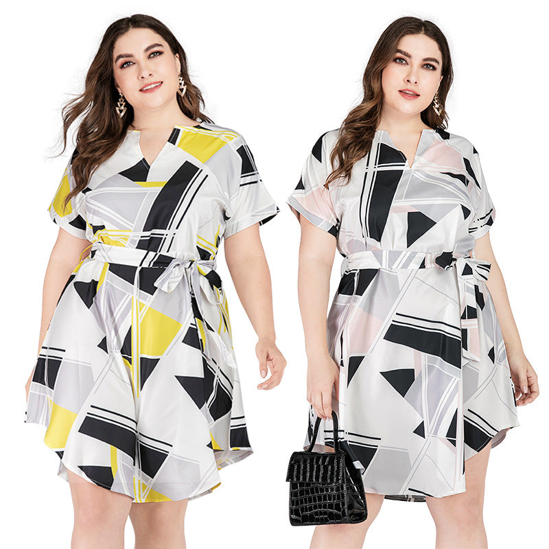 Summer Geometry Print Short Sleeves Plus Sizes Dresses-Dresses-Pink-XL-Free Shipping at meselling99