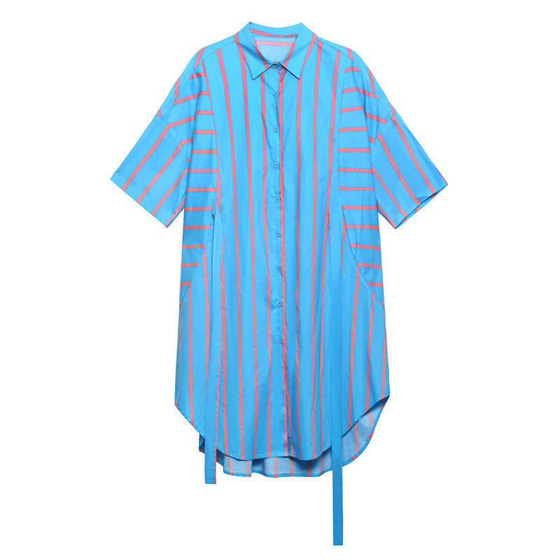 Vintage Striped Summer Short Shirts Dresses-Dresses-Blue-One Size-Free Shipping at meselling99