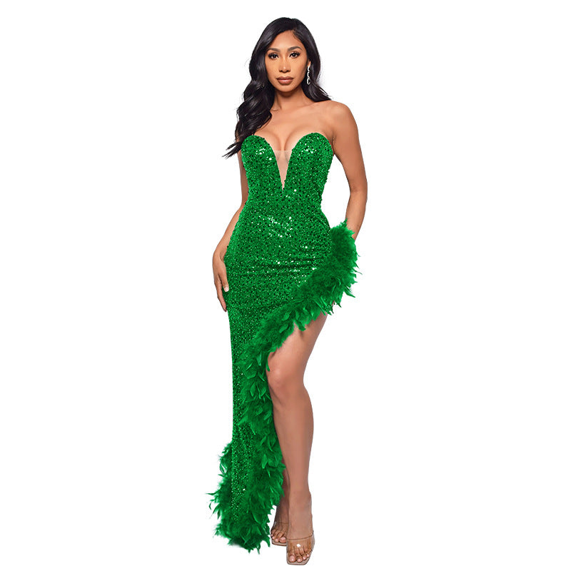 Gorgeous Strapless Sequined Feather Decoration Party Dresses-Dresses-Green-S-Free Shipping at meselling99