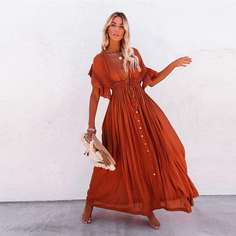 New Women Sexy V Neck Beach Ruffled Beach Cover Ups-Maxi Dreses-Orange-One Sizes-Free Shipping at meselling99