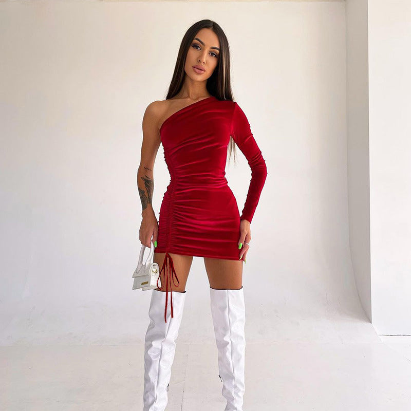 Sexy One Shoulder High Waist Drawstring Women Mini Dresses-Dresses-Red-S-Free Shipping at meselling99