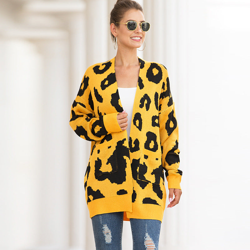 Women Leopard Design Pockets Knitting Cardigans-Shirts & Tops-Yellow-S-Free Shipping at meselling99