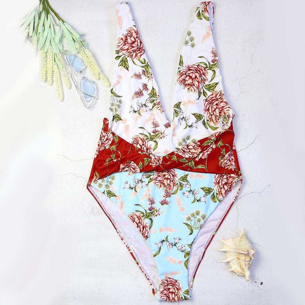 New Women Sexy V-Neck Flower Print One Piece Swimwear--Free Shipping at meselling99