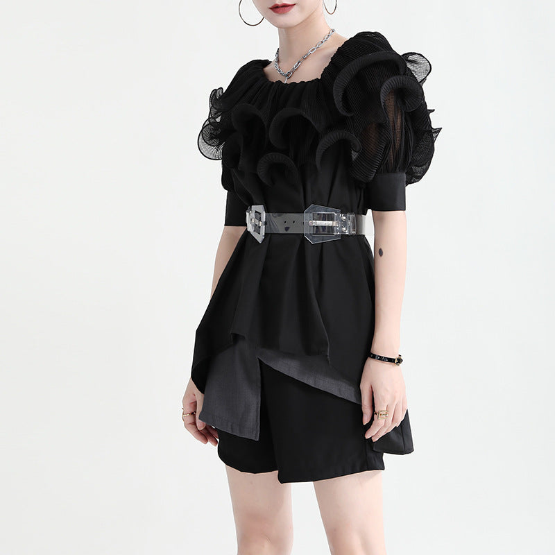 Summer Off The Shoulder Chiffon Ruffled Shirts with Belt for Girls-Shirts & Tops-Black-S-Free Shipping at meselling99