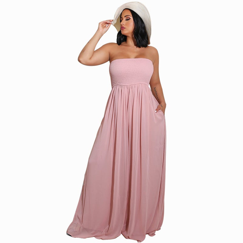 Sexy Strapless High Waist Chiffon Summer Jumpsuits-Suits-Pink-S-Free Shipping at meselling99