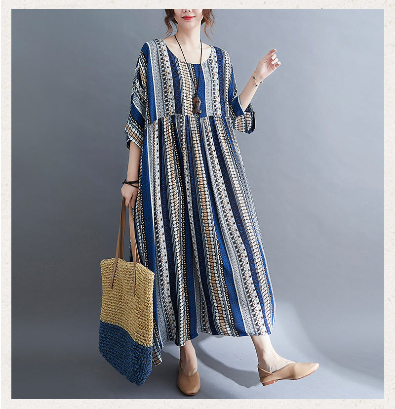 Women Loose Plus Sizes Long Dresses-Dresses-Striped-One Size-Free Shipping at meselling99
