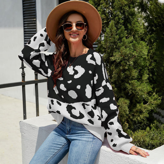 Fashion Round Neck Leopard Knitted Pullover Sweaters-Shirts & Tops-Free Shipping at meselling99