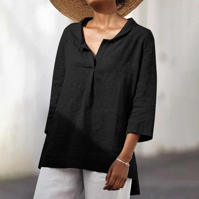 Vintage 3/4 Length Sleeves Casual Women Shirts-Shirts & Tops-Black-S-Free Shipping at meselling99